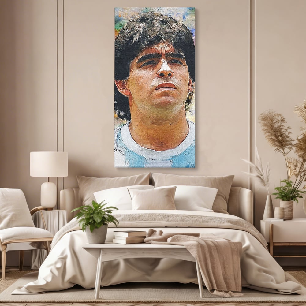 Tablou canvas cu tablou canvas cu diego maradona, fara rama, pe sasiu de lemn, pe perete intr-un dormitor